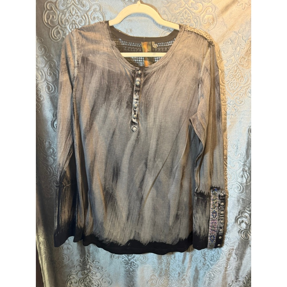 Aratta Silent Journey Women Grey Acid Wash Lace Back Henley Top Boho Large